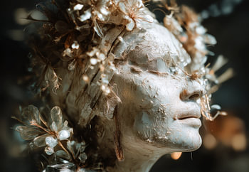 Rêve d'argent, portrait sculptural d'une femme à la texture fine et orné de fleurs