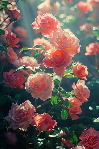 Roseraie éthérée en pleine floraison avec lumière du soleil