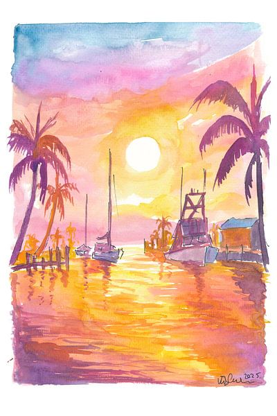Islamorada Marina with palm trees and golden sunset on the Florida Keys by Markus Bleichner