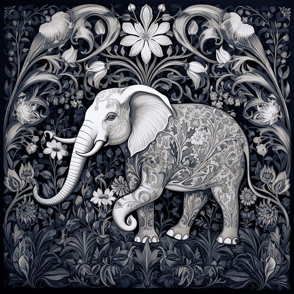 Elefant in floralem Muster im Boho-Stil von Vlindertuin-Art
