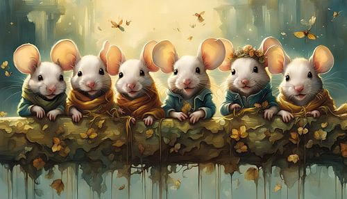 Muisjes op een rij, op een boomstam in het bos