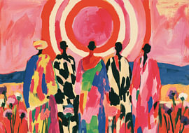 Ensemble abstrait sous un soleil radieux, vêtu de tenues colorées sur Niklas Maximilian