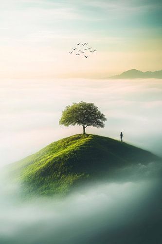 Eenzaam bomenlandschap in de mist