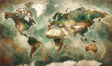 Impressionistic world map mer Wabi Sabi colours by Maps Are Art