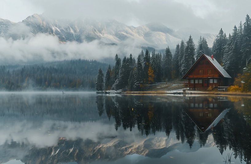 Uferhütte in nebliger Stille von fernlichtsicht
