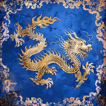 Decoratieve, vintage draak in Koningsblauw en goud van Lauri Creates