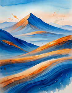 Majestätische abstrakte Landschaftswandkunst in blauem und orangefarbenem Ölgemälde vertikal