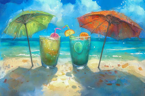 Painting of a summer beach with two colourful cocktails on the sand.