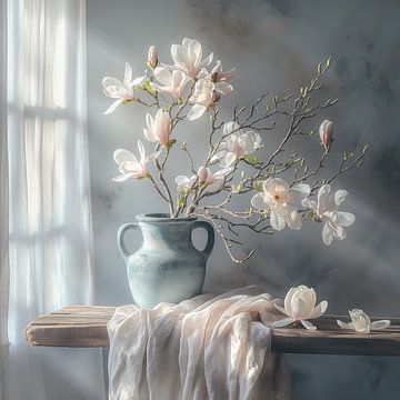 Stilleven, Magnolia tak in Vaas bij het raam van Caroline Guerain