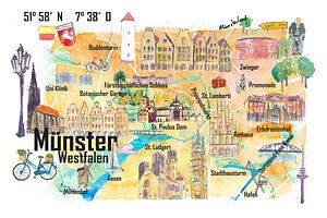 Münster-Westfalen-Illustrationskarte mit Straßen und touristischen Highlights