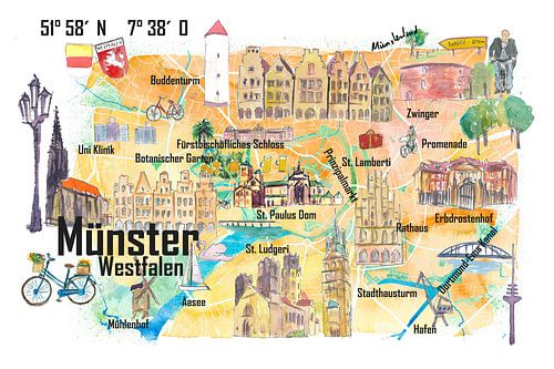 Carte d'illustration de Münster-Westphalie avec les rues et les points forts touristiques