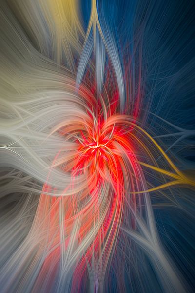 Kleurrijk abstract kunstwerk met een dansend lijnenspel van Leo Luijten