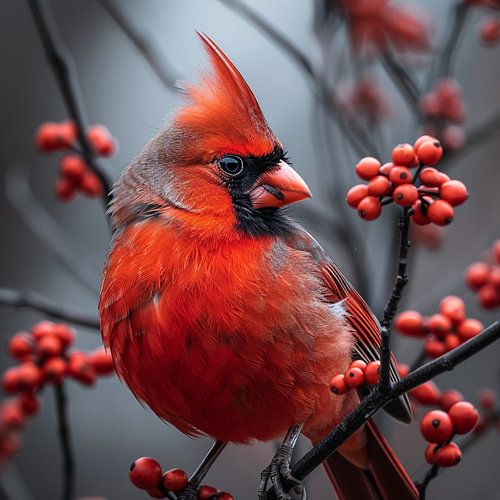 Un cardinal rouge perché parmi des baies rouges