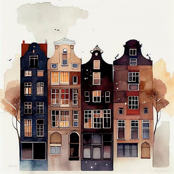 Amsterdamse Grachtenpanden met Waterverf van Maarten Knops