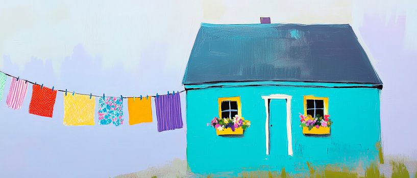 Buntes Haus mit Wäscheleine im Frühling von Poster Art Shop