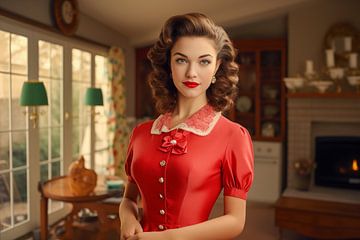 schöne 50er-Jahre-Hausfrau, die ein rotes Kleid trägt im Retro Style von Animaflora PicsStock