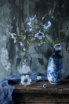 Retro-style Still Life. Blue Vase on Old Wooden Table