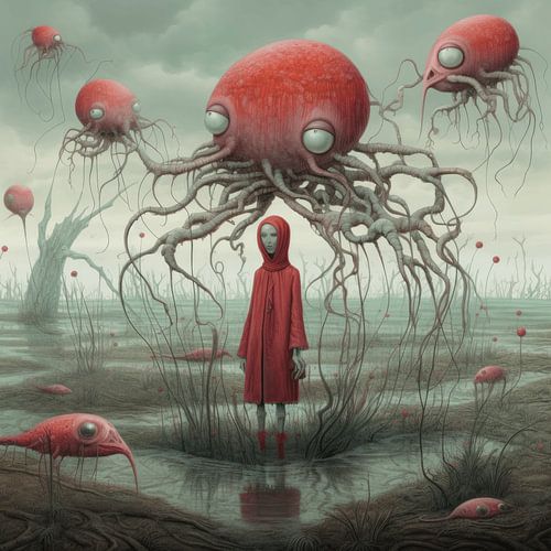 Girl in a bizarre landscape with unusual creatures.