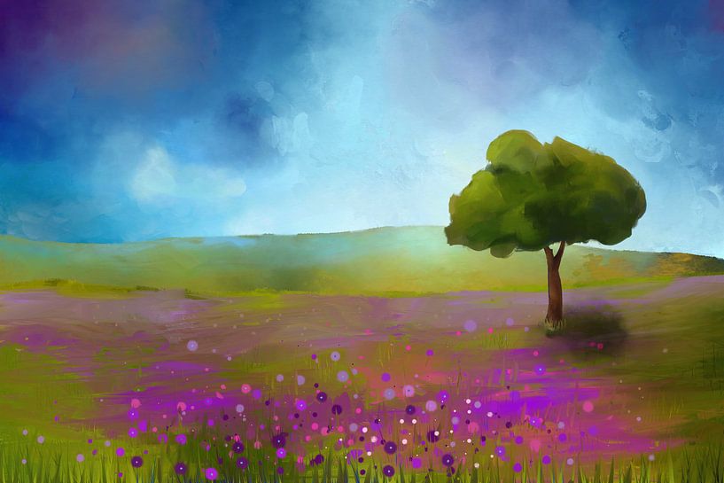 Peinture d'un paysage avec des fleurs violettes par Tanja Udelhofen