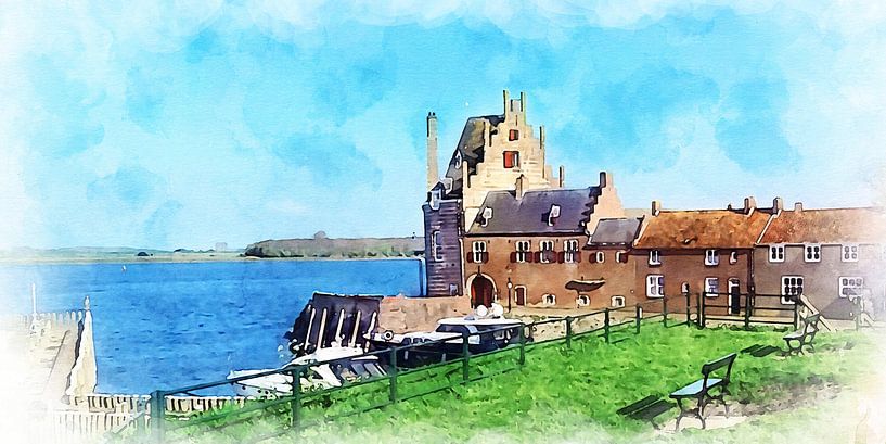 Watercolour image of the Campveerse Toren in Veere, Zeeland by Danny de Klerk