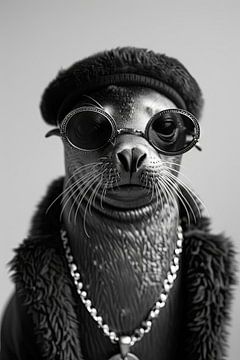 Zeehond in hipsterstijl met bril en pet van Poster Art Shop