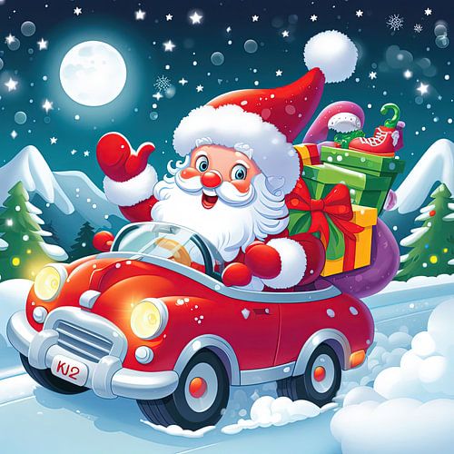 Santa Claus in a car full of Christmas gifts illustration