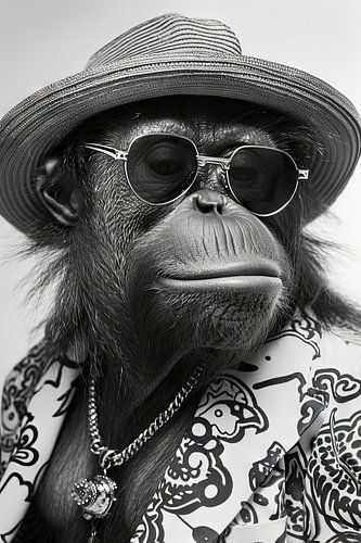 Portret van een orang-oetan met zonnebril en hoed