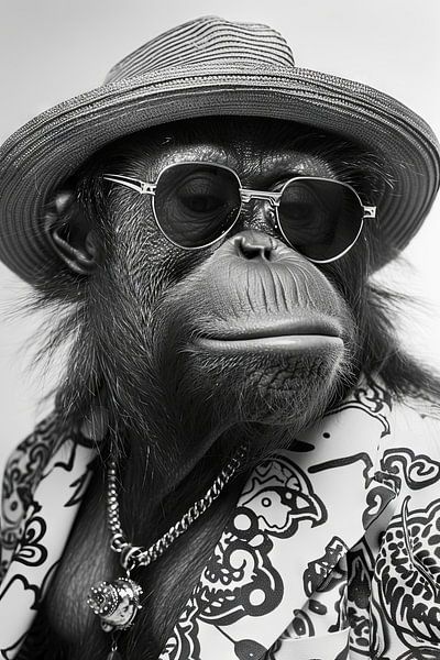 Portrait D'un Orang-outan Avec Des Lunettes De Soleil Et Un Chapeau par Poster Art Shop