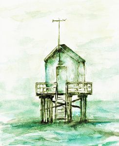 Weißes ertrinkendes Haus am Strand (Aquarellmalerei)