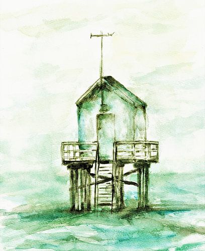 Maison blanche en train de se noyer sur la plage (aquarelle)