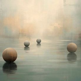 Abstract wall art featuring golden spheres – Modern water reflection in grey & Gold by bbgalerie24