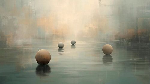 Abstract wall art featuring golden spheres – Modern water reflection in grey & Gold