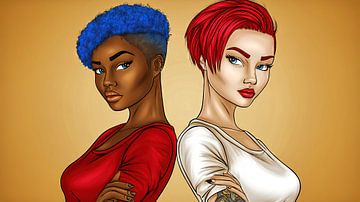 Vrouwen met levendig haar in blauw en rood van Frank Heinz