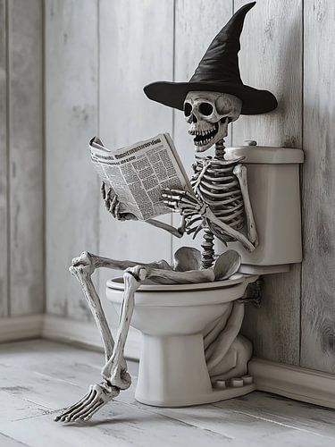 Skelet op toilet leest krant