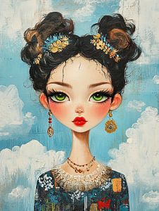 Mädchen und Wolken | Fröhliche Frau mit Schmuck