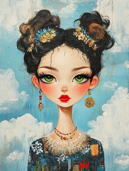 Girl and Clouds | Merry Woman with Jewellery by Eye catching paintings