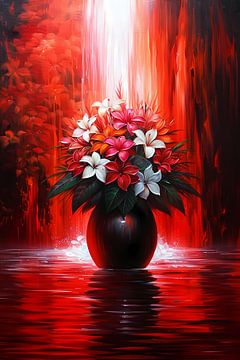 Levendige Bloemen in Elegante Zwarte Vaas op Rode Achtergrond van De Muurdecoratie