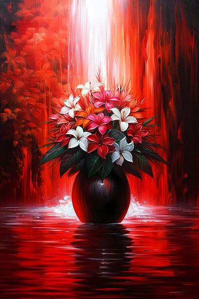 Lebendige Blumen in eleganter schwarzer Vase auf rotem Hintergrund von Art & Soul Creations