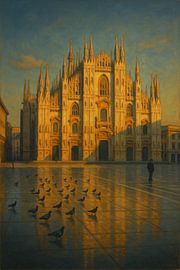 Milan Cathedral Solitude: Golden Duomo and Pigeons by Travel Shop