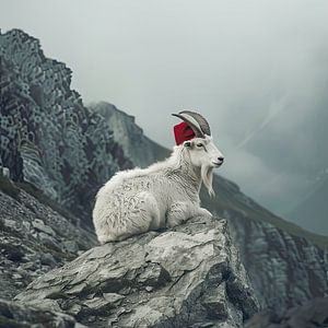 Berggeit met rood hoedje op een rots van Vlindertuin Art