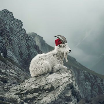 Mountain goat with red hat on a rock by Vlindertuin Art