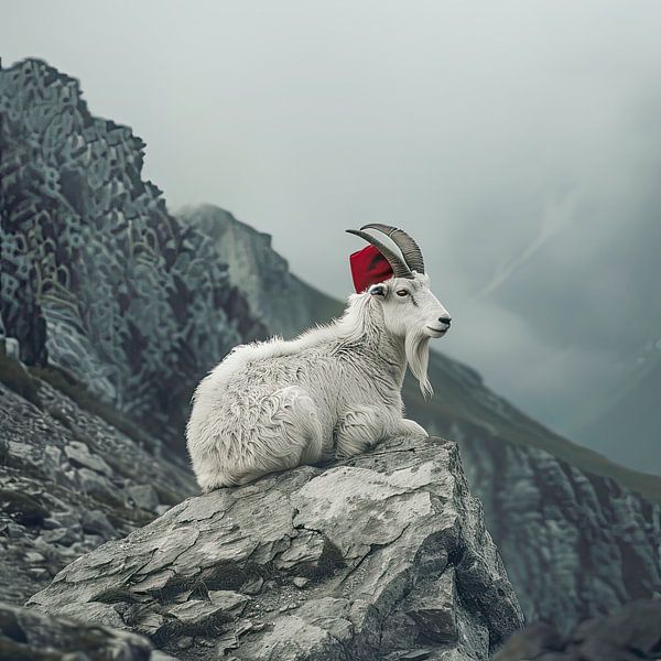 Mountain goat with red hat on a rock by Vlindertuin-Art