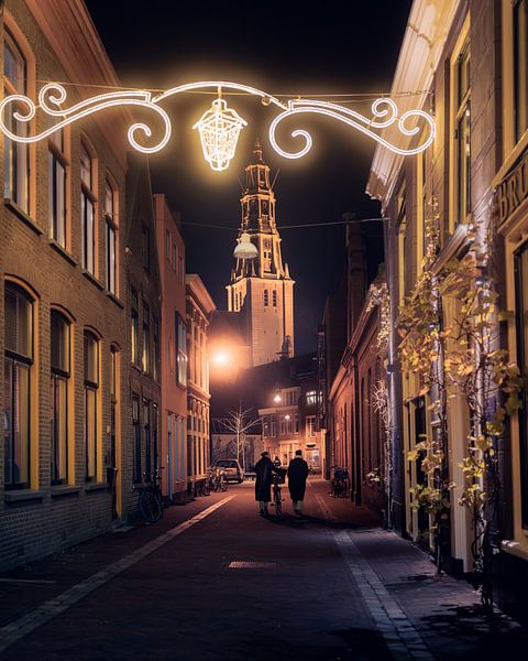 A-straat + A-kerk, Groningen met sfeerverlichting van Harmen van der Vaart
