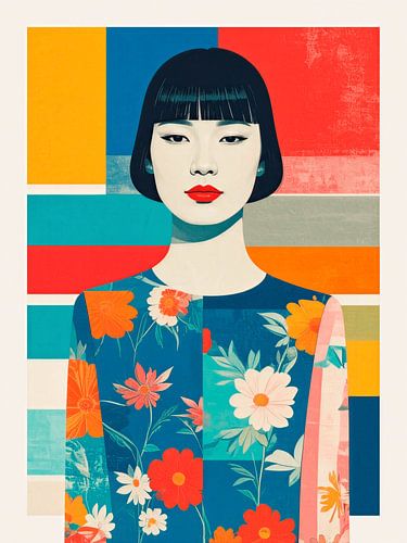 Farbenfrohes Retro-Porträt einer Frau mit Blumenmuster
