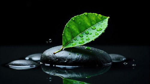 Groen blad op gladde stenen in water