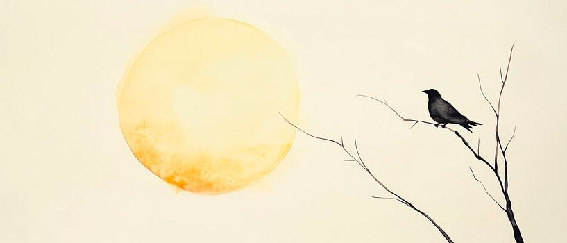 Bird on a branch in front of a golden moon by Poster Art Shop