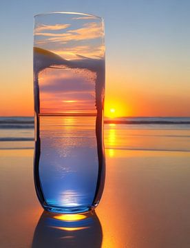 Glas op het strand met de ondergaande zon van Michael