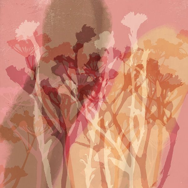 Abstract retro botanical art in pink, yellow, brown. by Dina Dankers