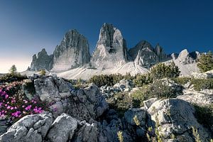 De drie toppen in de Dolomieten op een heldere zomerdag van Voss Fine Art Fotografie