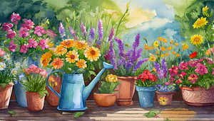 Blumen in Töpfen und Gießkanne, Garten Hintergrund Malerei